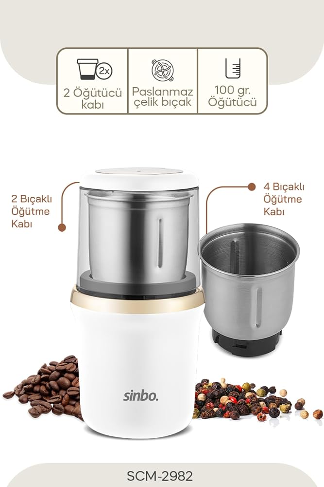Sinbo SCM-2982 Kahve & Baharat Öğütücü, 200W, Paslanmaz Çelik Bıçak, 100g Kapasite, Beyaz/Gold