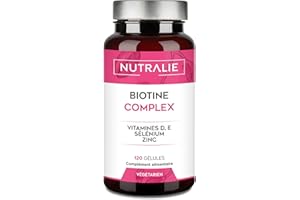 Biotine cheveux 10000 mgc - Cheveux Peau et Ongles - Vitamines E D Zinc Sélénium - Pour femmes et hommes - 120 Capsules Végétarien Nutralie