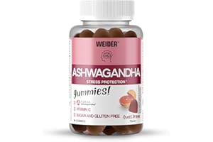 Weider Ashwagandha Gummies (40 gommes) Goût Orange Douce, avec Extrait de Racine d'Ashwaganda KSM-66 et Vitamine C, Aide à réduire le stress et trouver le sommeil, Sans Sucre, Sans Gluten, 20 Portions