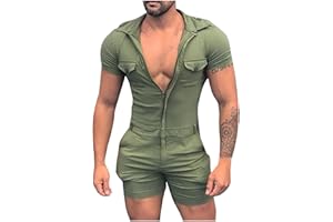 NC One Piece Jumpsuits for Men Fashion Comfy Short-Sleeved Cotton Button Down Slim Fit Hooded Zipper Rompers Rompers Hawaiian Sleeveless Drawstring Shorts Coverall Tracksuits with Chest Pockets