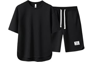 WAZHAKU Tuta sportiva in lino, da uomo, tinta unita, 2 pezzi, a maniche corte, con bottoni e pantaloncini da spiaggia, set di pantaloni corti, in cotone e lino, da jogging