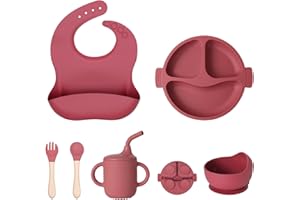 WOUMON 6 Stück Baby Geschirrset, Silikon Kindergeschirr Set mit Saugnapf, Rutschfest Baby Teller, Lätzchen, Schüssel, Tassen, Loffel, BPA Frei (Hellrosa)