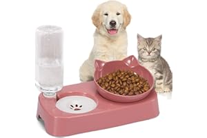 OHAANYY 2 en 1 Gamelles pour Chat avec Automatique Distributeur Eau, Double Bol Mangeoirs Gamelle avec Support, Inclinable 15°, Gamelles pour Petit Chien