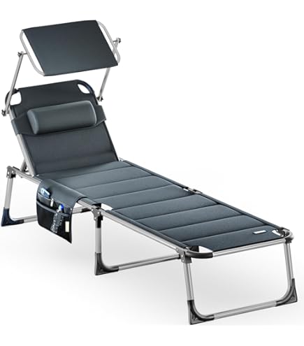 Homecall Foldable Sun Bed with Roof Headrest 5-Way Adjustable Backrest 200 x 70 cm Weatherproof, Foldable, Lightweight, up to 180 kg for Garden, Balcony, XXL, Beige