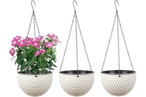 YuanDiann Hanging Flower Pots, Set of 3, Self-Watering Hanging Plant Pots with Water Reservoir & Drainage Hole Honeycomb Hanging Basket with Rustproof Chains