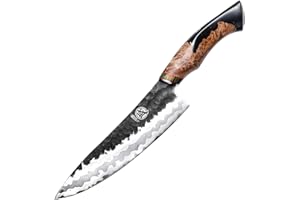 MITSUMOTO SAKARI Cuchillos Cocina Profesional Forjados a Mano, Cuchillos Japoneses Cuchillo Chef 440C Damasco, 20 cm Cuchillos Gyuto Arte Avanzado (Mango de Madera de Arce y Caja de Regalo)