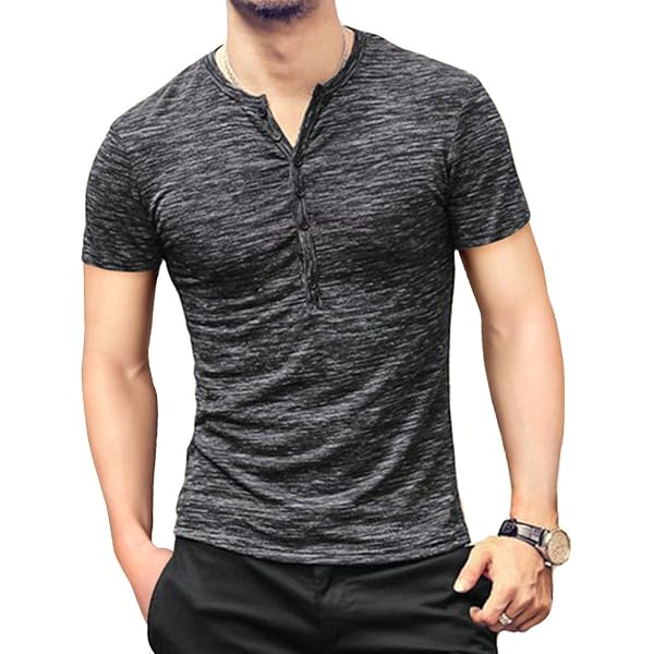 T-shirt Uomo Manica Lunga Scollo A V - Casual Senza Colletto Con Bottoni - Grigio, Nero, Blu - Foto 3