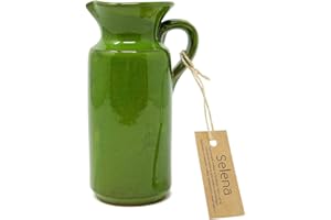 Verano Spanish Ceramics Selena Glaze Hand Dipped Decorative Tall Rustic Bottle Jug - New Home Decor Kitchen Restaurant Cafe Dining Table Vase Serving Cream Milk Water Juice Pourer - 18cm Dark Green