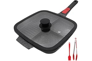 Bobikuke Poêle Grill avec Poignée Amovible et Couvercle, Poêle Antiadhésive 3 en 1 en Aluminium Skillet Gril Carrée pour Tous Feux Dont Induction - Noir