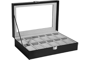 Uten Watch Box 12 Slots, Watch Case with Glass Lid, Watch Display Storage Box for Men and Women, Removable Watch Pillows, Metal Clasp, Black Synthetic Leather, Grey Velvet Lining, Gift Idea