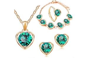 Wedity Heart-shaped Crystal Necklace Earrings Bracelet Ring Set Gold Fashion Love Heart Pendant Choker Necklaces Jewelry for Women and Girls