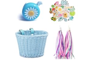 ‎IVEOPPE Fahrradkorb Geflochten Kinder vorne,IVEOPPE Geflochtener Fahrradkorb 4er-Set mit Lederriemen, Fahrradklingel, Luftschlangen, Aufkleber, Geschenke für Kinder