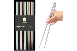 AMFUN 5 pares Palillos Chinos de Fibra de Vidrio, Aleación Reutilizable Palillos Color, Reutilizable Juego de palillos antideslizantes, para lavavajillas Aptos, para la Cocina los de Restaurante