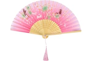 Hileyu Fecher wachlarz damski, bambusowy wachlarz z z frędzlami, składany wachlarz chiński, jedwabny materiał i żebra bambusowe, do dekoracji ściany, prezent urodzinowy, różowy