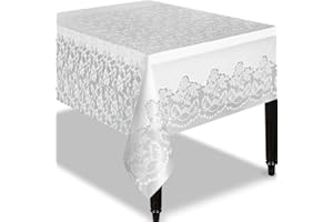 UNIQUE Stylish White Lace Rectangular Plastic Table Cover (137cm x 274cm) 1 Count - Disposable Tablecloth for Parties and Events