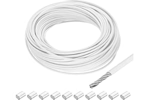 QUARKZMAN 98Ft(30M) Câble En Acier Inoxydable 304 1/8"(3mm) Revêtu de bordeauxyle Avec 10 Manchons En Aluminium Pour suspendu, Cordes À Linge, Levage Blanc