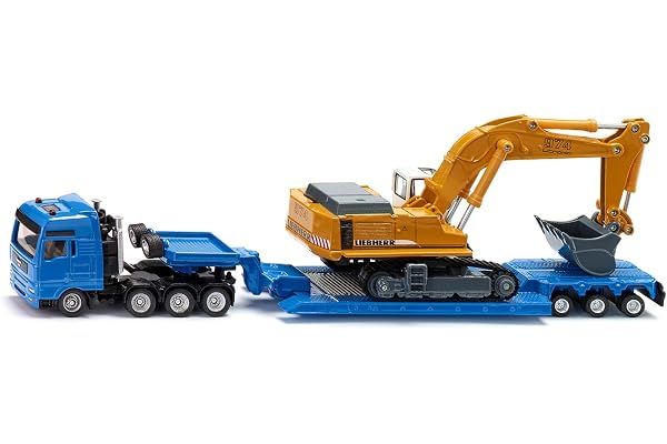siku 1847, Transporteur de poids lourds avec remorque surbaissée, 1:87, Métal/Plastique, Bleu/Jaune, Remorque amovible
