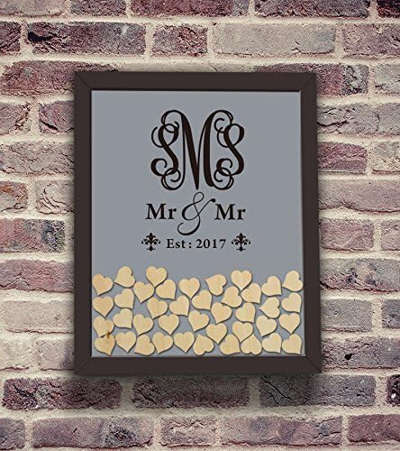 Custom Monogram Mr &amp; Mrs Personalised Wedding Guest Book Rustic Drop Top Box Wedding Alternative Signature GuestBook 30x35 CM with 120 Pcs Wooden Hearts