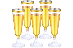LATERN 50 Pezzi Riutilizzabili Flute da Champagne con Bordo in Dorato, 150ml Bicchieri da Champagne in Plastica Bicchieri da Vino con Gambo per Anniversario Matrimonio Giardino Feste (5,5 x 16,5cm)