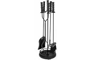 AMAGABELI GARDEN & HOME Amagabel 76cm Set di attrezzi per camino Manico in ottone 5 pezzi Supporto per camino in ferro battuto Porta tronchi in legno Pinze per accessori esterni Set di attrezzi per poker Pennello per camino