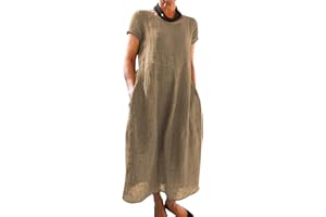 Imuedaen Sommerkleid Damen Kleider Sommer Casual Rundhalsausschnitt Kurzarm Freizeitkleid Strandkleider Boho Langes Kleid mit Taschen