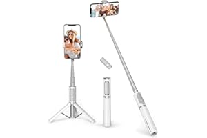 ATUMTEK Trépied Bluetooth pour Selfie, Perche à Selfie en Aluminium 3 en 1, Rotatif à 360° avec Télécommande sans Fil pour iPhone 16/15/14/13/12 mini/11 Pro/XS Max/XR/X/8/7, Samsung Smartphones Blanc