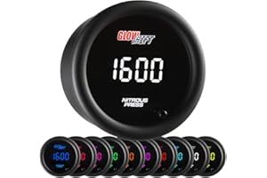GlowShift 10 Color Digital 1,600 PSI Nitrous Pressure NOS Gauge Kit - Includes Electronic Sensor - Multi-Color LED Display - Tinted Lens - 2-1/16" (52mm)