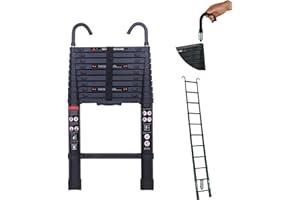 DICN 3.2M Extension Attic Ladder Telescopic with Hooks Steps Aluminim 10.5ft Extend 330lbs Max Capacity Mutil Purpose Straght Ladders Safe for Roof Office Home Household Daily Loft Lighweight Portable