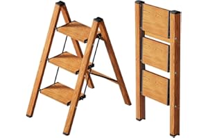 Ladnamy Escalera de madera de 3 peldaños, plegable de 3 peldaños, ligera de aluminio, antideslizante y portátil, pedal más ancho (madera)