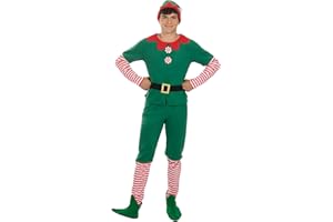 Funidelia Disfraz de elfo para hombre, Incluye camiseta, pantalón, cinturón y gorrito, Navidad - Traje para adultos para fiestas, Carnaval y Halloween - Talla L