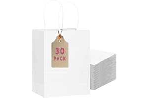 Gcardist Paket med 30 vita presentpåsar med handtag i grossistkvalitet 11"x8.3"x4.3" Medelstorlek, flergångsbruks papperspåsar (27x20x12cm, Medelstorlek)