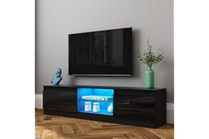 T AUNTY STORE TV Cabinet with LED Light 2 Doors 2 Glass Shelves for Living Room Furniture Sideboard High Gloss Front TV Stand Unit Entertainment Centre TV Console Media Unit Black 160 cm