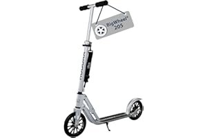 HUDORA BigWheel 205 Scooter - Trottinette stable en aluminium - Réglable en hauteur & pliable avec béquille - Trottinette sportive pour enfants & adultes jusqu'à 100kg, Argent