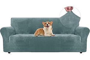 Ystyle Samt Sofabezug 3 Sitzer, Stretch Sofa Überzug, Sofaschoner rutschfest, Elastischer Couch Überzug, Sofa Cover Mit Armlehnen, Couchüberzüge Sofaschutz Katze Couch Überwurf, Grau Blau