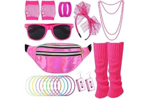 Dazzroi 80s Fancy Dress Accessories Set for Women, 9Pcs Party Costume including Bumbag Leg Warmer Earrings Fishnet Gloves Necklace Eyeglasses Bracelet Headband, Retro Outfit for 80s Party Dress up