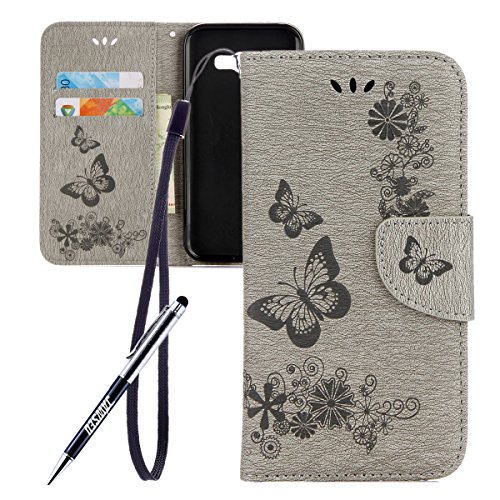 Galaxy A5 2017 Hülle,Samsung Galaxy A5 2017 Blumen Case,JAWSEU Retro Prägung Schmetterling Blumen Muster Kunstleder PU Leder Strap Brieftasche Bookstyle Magnetverschluss Schutzhülle Handytasche Case Cover Etui mit [Ständerfunktion] und [Kartenfächer]für Samsung Galaxy A5 2017+1xSchwarz Glitzer Bling Eingabestift-Grau Schmetterling