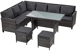 Panana 8-Seater Rattan Corner Sofa Set with Table & Stool, Outdoor Wicker Patio Lounge Furniture Set for Garden, Patio, Balcony, and Conservatory (Mixed Grey Wicker with Grey Cushions)