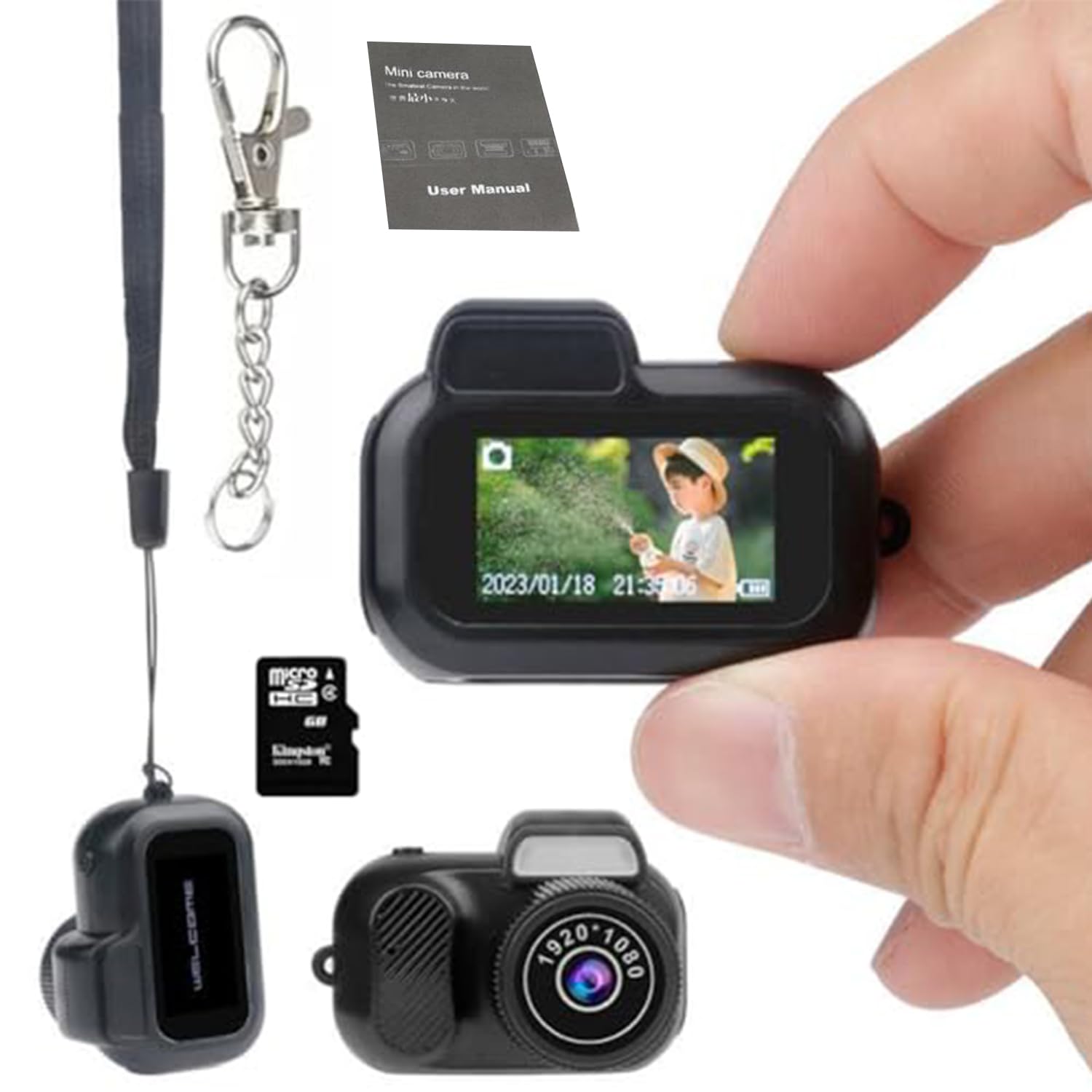 Gsnagole Mini Camera, 1080P HD Video, 2MP Lens, 160° Wide Angle, 100 Mins Battery Life, Black, Wearable Keychain Camera