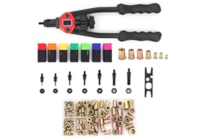 Yuhtech Rivettatrice, 13 Pollici 330mm Rivettatrice per Inserti Filettati Rivetto Cieco Dado Pistola Rivetto Dado Strumento Mano, con 140pcs Dado, con 7pcs Mandrini