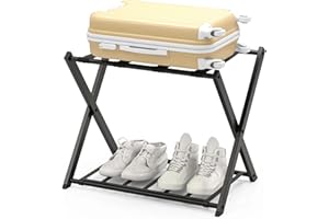 GIANTEX Porte Valise Pliant,Porte-Bagages en Métal,Support Valise/Bagages avec 2 Etages & 4 Sangles,pour Chambre,Hôtel, 68x43x58CM, Noir (1 PC)