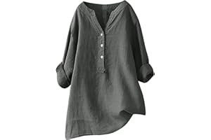 AMHOMELY Summer Tops for Women UK Plus Size Long Sleeve Tunic Tops V-Neck Button Longline Tops Cotton Linen Tee Shirt Blouse Work Office Casual Blouse Going Out Elegant Tops Holiday Clothings