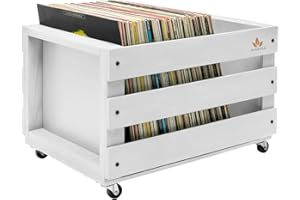 SONESTA - Caja organizadora para discos de vinilo LP - Mueble de maderas con ruedas para 80-100 discos - Estilo vintage retro - Caja de almacenamiento grande para vinilos | XL - 46x33x26 cm