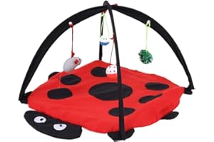 SOULONG Cat Play Mat Cotton Activity Centre with 4 Hanging Toys Cat Bed Mat for Encourage Cats to Fall and Reach Red and Black 60 x 60 x 34 cm