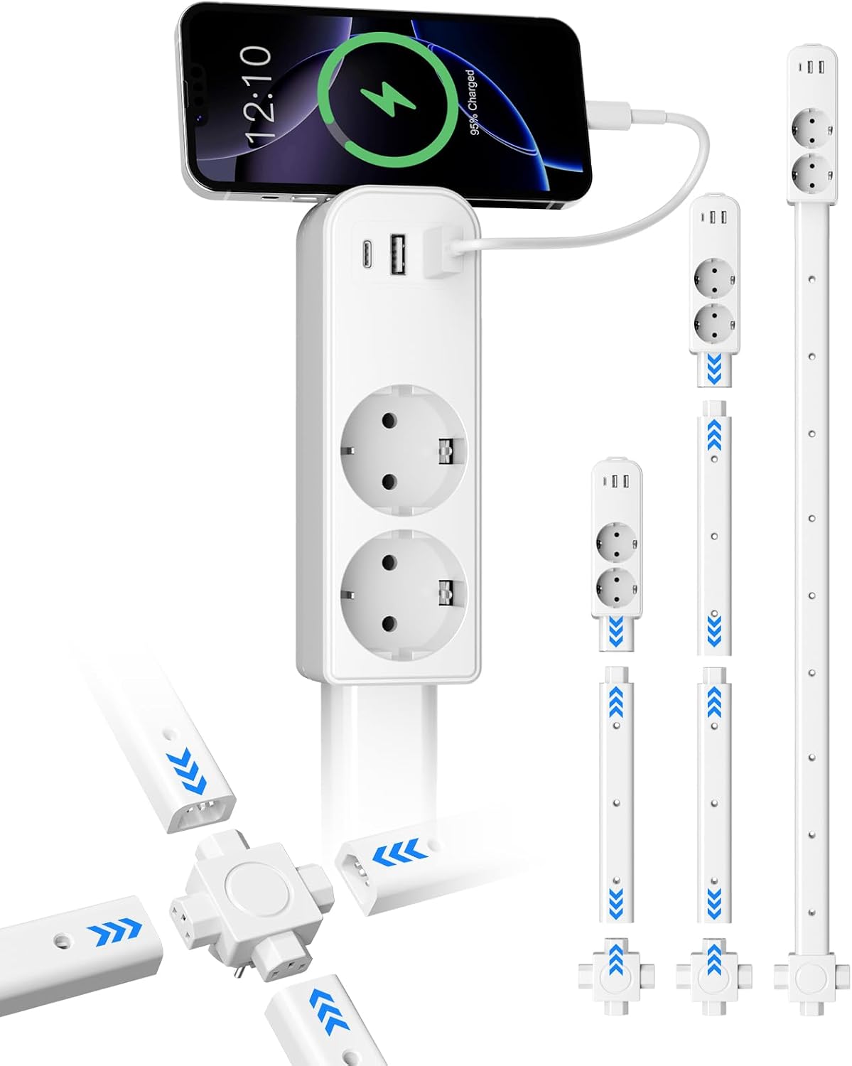 Regletas Enchufes 2 Tomas, 2 Puertos USB-A y 1 USB-C, Regleta Múltiple con 3 Extensión, Apta para Enchufes de Difícil Acceso Detrás del Sofá, Mesita de Noche, Escritorio