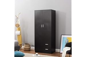 Panana Wooden 2 Door 2 Drawer Wardrobe with Shelf and Hanging Rail Modern Clothes Storage Cupboards Unit for Bedroom Furniture W 77 * D 50 * H 180cm (Black)