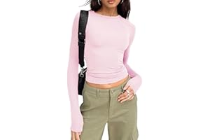 YILEEGOO Women's Slim Fit Crop Tops Casual Solid Color Crew Neck Long Sleeve Tight T-Shirt Basic Blouse Tee Tops