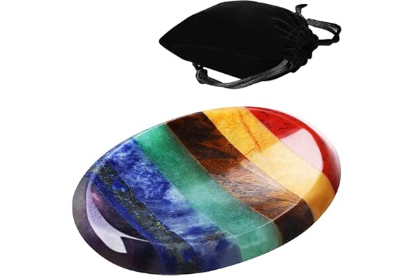 Yeesabella Thumb Worry Stone for Anxiety with Velvet Bag - 7 Chakra Healing Crystal Oval Pocket Palm Stone Gemstones for Reiki Balancing Meditation and Anxiety Relief