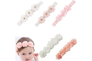 JILSKL 5 Stück Stirnband Baby Mädchen, Haarband baby Taufe, Blumenstirnband Baby, Blumenstirnband Kleine, Geeignet Für Babytaufenpartys, Geburtstagsfeiern, Hochzeitsfeiern, Heimfotografie, Weiß, Pink