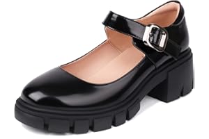 XIEWANG Damen Plateau Mary Jane Schuhe Runde Zehe Mid Chunky Heel Schwarz Schulschuhe