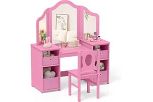 COSTWAY Kids Vanity Table and Stool Set, Princess Makeup Dressing Tables with Tri-Folding Detachable Mirror, 4 Storage Shelves, Wooden Children Study Desk for 3+ Years Old (Pink with Bins)